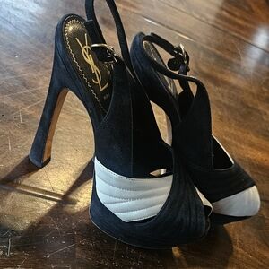 Saint Laurent Black Suede Slingback Heels with White Accents